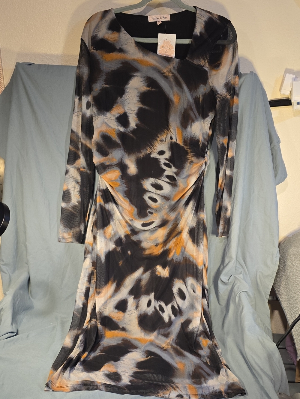 Abstract Black and Orange Long Sleeve Midi Dress